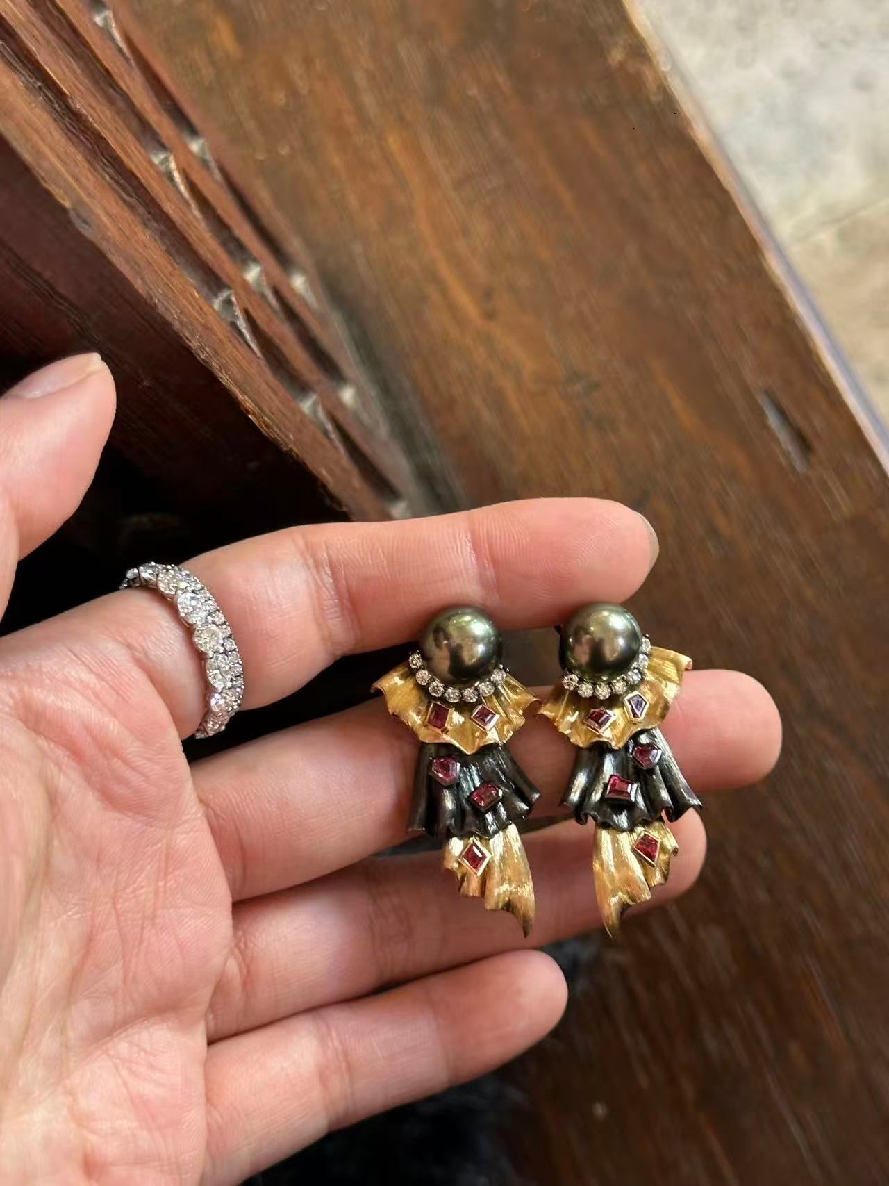 Rococo Style Tahitian Pearl & Diamond Earrings in Solid 18k