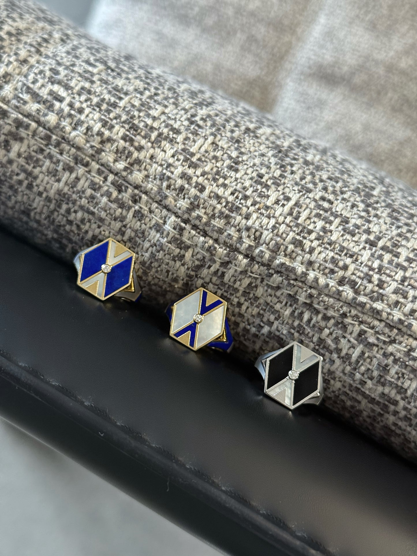 L'Epoca Art Deco Geometric Ring - Natural Mother of Pearl & Lapis Lazuli in 9K Yellow Gold