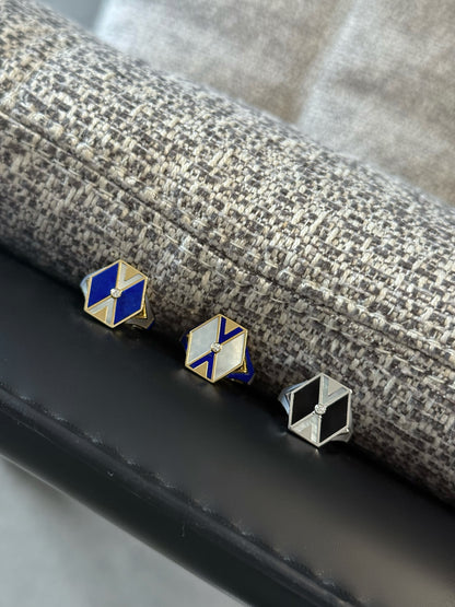 L'Epoca Art Deco Geometric Ring - Natural Mother of Pearl & Lapis Lazuli in 9K Yellow Gold