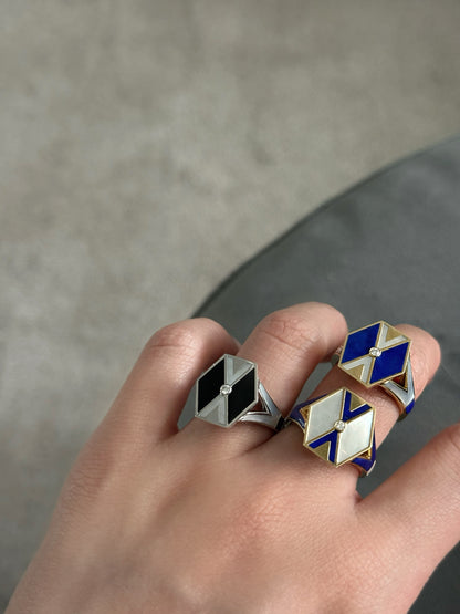 L'Epoca Art Deco Geometric Ring - Natural Mother of Pearl & Lapis Lazuli in 9K Yellow Gold