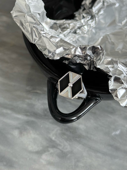 L'Epoca Art Deco Geometric Ring - Natural Mother of Pearl & Black Onyx in 9K White Gold