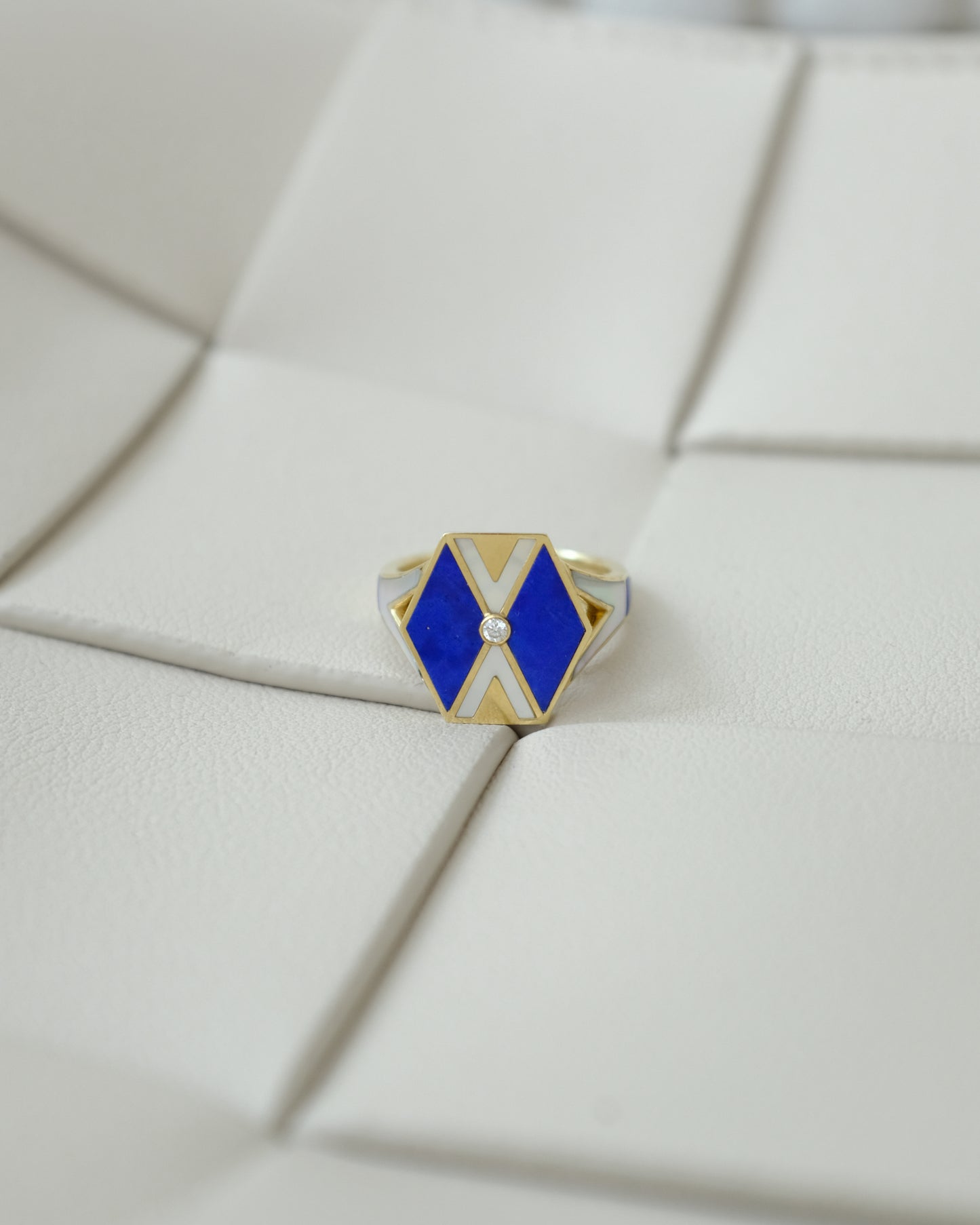 L'Epoca Art Deco Geometric Ring - Natural Lapis Lazuli & Mother of Pearl in 9K Yellow Gold