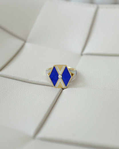 L'Epoca Art Deco Geometric Ring - Natural Lapis Lazuli & Mother of Pearl in 9K Yellow Gold