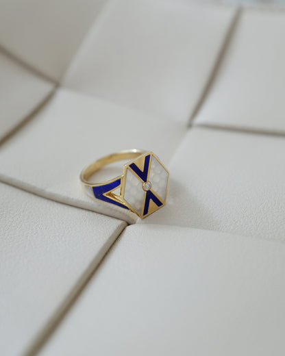 L'Epoca Art Deco Geometric Ring - Natural Mother of Pearl & Lapis Lazuli in 9K Yellow Gold